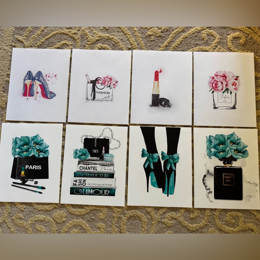 Fashion Art Print Set with Teal, Pink and Black Accents